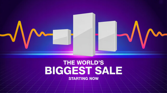 Big sale announcement with bar graph and heartbeat waveform