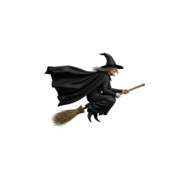 Old Crone Witch Flying Sideways Broomstick Long Black Robe Isolated Transparent Image