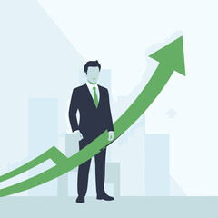 Vector illustration of a confident businessman standing with an upward green arrow representing financial growth and corporate success