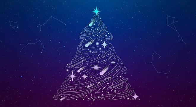 Cosmic christmas tree with happy new year planets and stars
