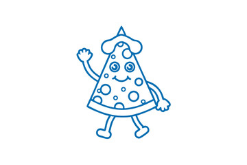 Joyful pizza slice character with happy face waves its hand, set against a white background