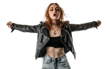 Trendy model expressing alternative rock style through bold leather clothing and urban grunge aesthetics isolated on white background PNG