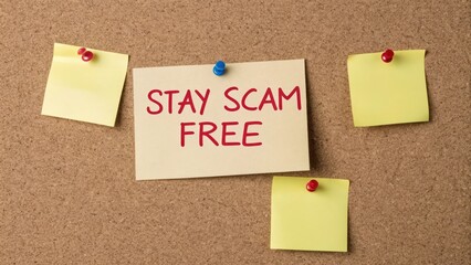 Reminder Note to Stay Aware and Scam Free on Cork Board