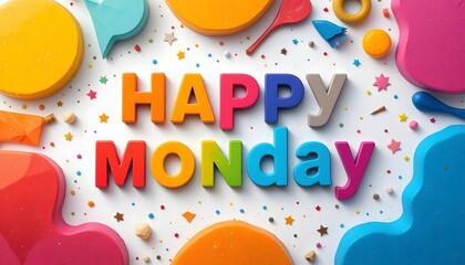 Colorful "Happy Monday" Composition with Playful Shapes and Festive Decorations