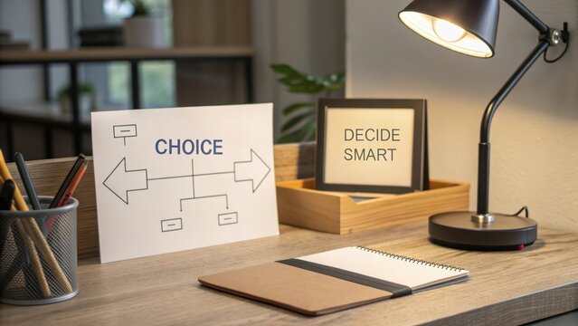 Thoughtful Workspace with Choice Flowchart and Smart Decision Sign