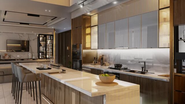 4K 3D Rendering Animation of Luxury Modern Kitchen and Living, Dining Room