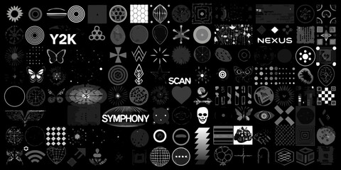 Collection of abstract geometric shapes and symbols with y2k and nexus text on a black background