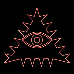 Neon mason symbol occult emblem of masonic Illuminati triangle all seeing eye of vision providence sacred sign in pyramid in triangle secret concept red color vector illustration image flat style