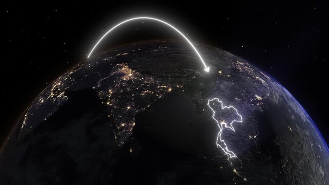 Realistic 3D Earth Night Flight Path Arc from Amsterdam Netherlands to Bangkok Thailand