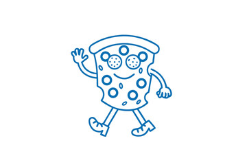 Joyful pizza slice character waves while walking happily in a blue line drawing on white