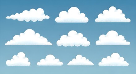 A Serene Collection of Softly Textured, Stylized Cumulus Cloud Illustrations Against a Gradient Blue Heaven