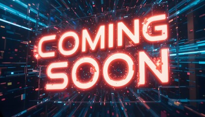 Neon "Coming Soon" Sign with Futuristic Tech Background and Glowing Particles