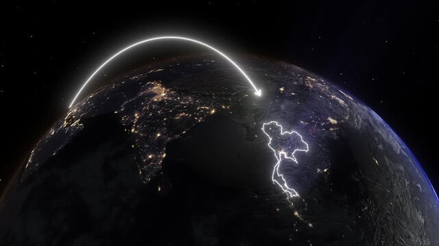 Realistic 3D Earth Night Flight Path Arc from Athens Greece to Bangkok Thailand
