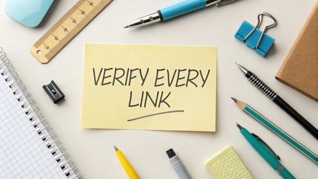 Stationery Items with Reminder Note to Verify Every Link on Desk