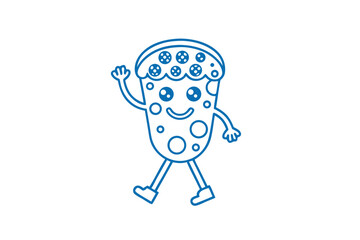 Cute blue pizza slice character cheerfully waving walks against a simple white background
