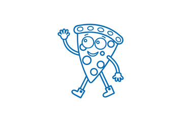 Happy pizza slice character waves with cheerful expression while walking on isolated background