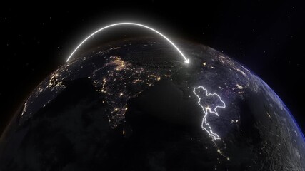 Realistic 3D Earth Night Flight Path Arc from Barcelona Spain to Bangkok Thailand