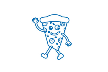 Happy cartoon pizza slice waves, smiling as it walks on a white background