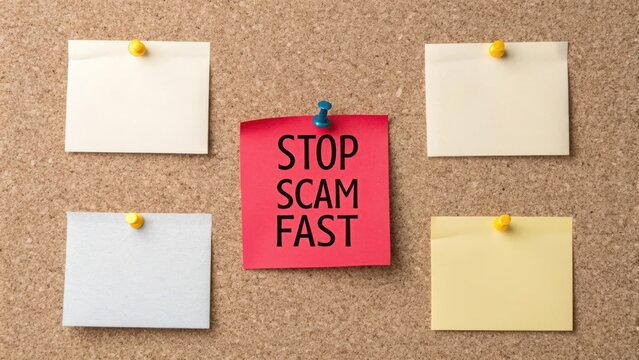 Stop Scam Fast Notice on Cork Board with Colorful Sticky Notes
