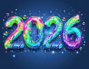 Vibrant, iridescent balloons forming the numbers "2026" float against a dark, starry background with shimmering bubbles.