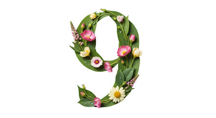 Number nine made of flowers and leaves, isolated on transparent background
