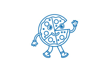 Pizza with a missing slice is walking and waving hello happily in line art