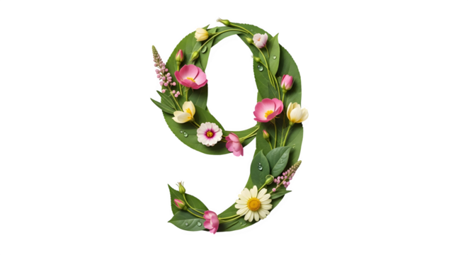 Number nine made of flowers and leaves, isolated on transparent background - Powered by Adobe