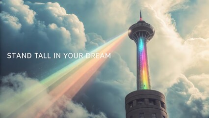 Naklejka premium Tower Reaching Sky with Colorful Lights and Inspirational Message