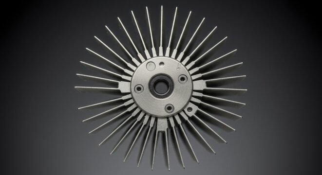 Modern silver metal heat sink design for technology cooling with radial fin pattern and industrial aesthetic