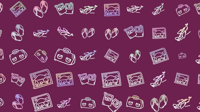 Doodle travel illustrations on burgundy background ideal for travelthemed designs like posters, greeting cards, and stationery products. Funky and vibrant.