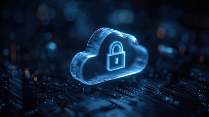 A digital cloud icon with a padlock signifies security and data protection in a technological environment.