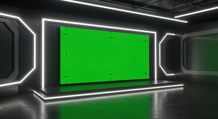 Obraz premium Modern studio with green screen and neon lights for virtual prod