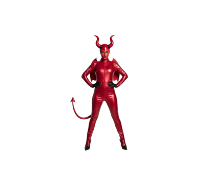 Red latex devil costume woman posing full body isolated studio shot female model horns