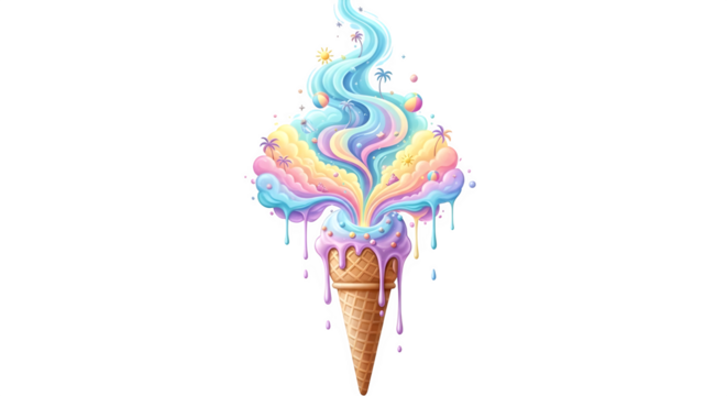 Surreal melting ice cream cone, isolated on transparent background