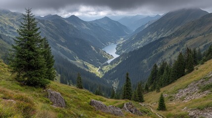 Fototapeta premium Mountain valley landscape with a tranquil lake nestled within the peaks.