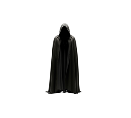 Mysterious figure wearing dark black hooded cloak standing isolated on transparent background