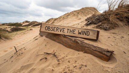 Wooden Sign in Sandy Dunes Encouraging Observation of Wind Patterns