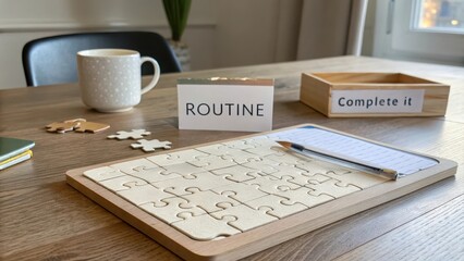 Wooden Puzzle Board and Morning Coffee on a Cozy Workspace Table
