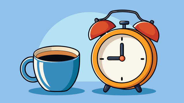 Cartoon alarm clock showing time beside a coffee cup