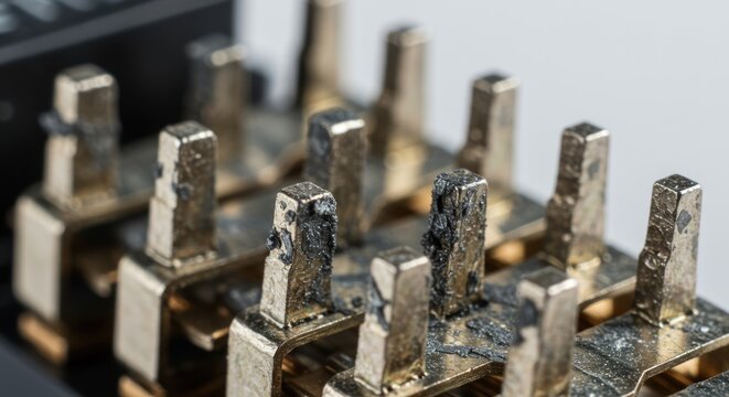 Close up of electrical relay contacts shows clear signs of wear and tear from electrical arcing damage