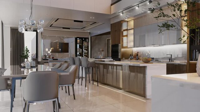 4K 3D Rendering Animation of Luxury Modern Kitchen and Living, Dining Room