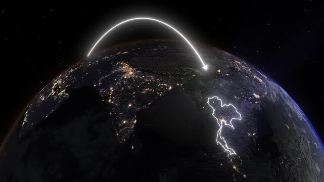 Realistic 3D Earth Night Flight Path Arc from London United Kingdom to Bangkok Thailand