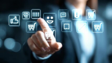 Hand touching a screen with glowing icons for online shopping, social media, and customer feedback - Powered by Adobe