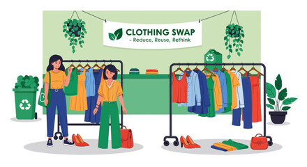 Two women excitedly participate in a vibrant clothing swap event, promoting sustainable fashion and eco-friendly choices for a greener future.