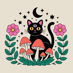 Vector art illustration of a cute kitten with butterfly and floral design for a spring or summer card decoration