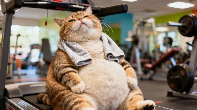 Plump tabby cat resting on stationary treadmill, draped with towel in empty gym setting with exercise machines surrounding. Static camera perspective.