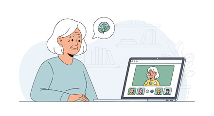 Engaged senior woman connects with loved ones and learns online, fostering mental wellness and social interaction in a cozy home environment