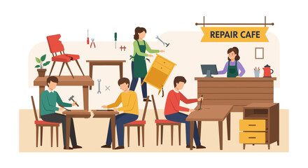Skilled artisans diligently repair furniture and appliances at a vibrant community repair cafe fostering sustainability and teamwork