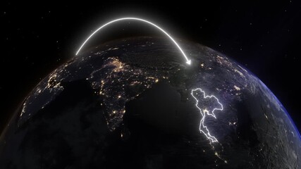 Realistic 3D Earth Night Flight Path Arc from Paris France to Bangkok Thailand - Powered by Adobe