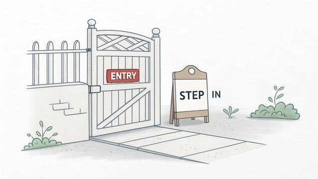 Welcoming Open Gate with Sign to Enter and Explore the Space